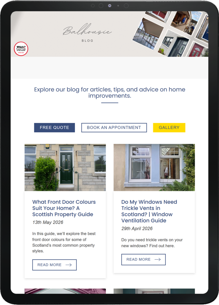 Tablet screen showing Balhousie Blog homepage with articles on home improvements, front door colours and window ventilation in Scotland