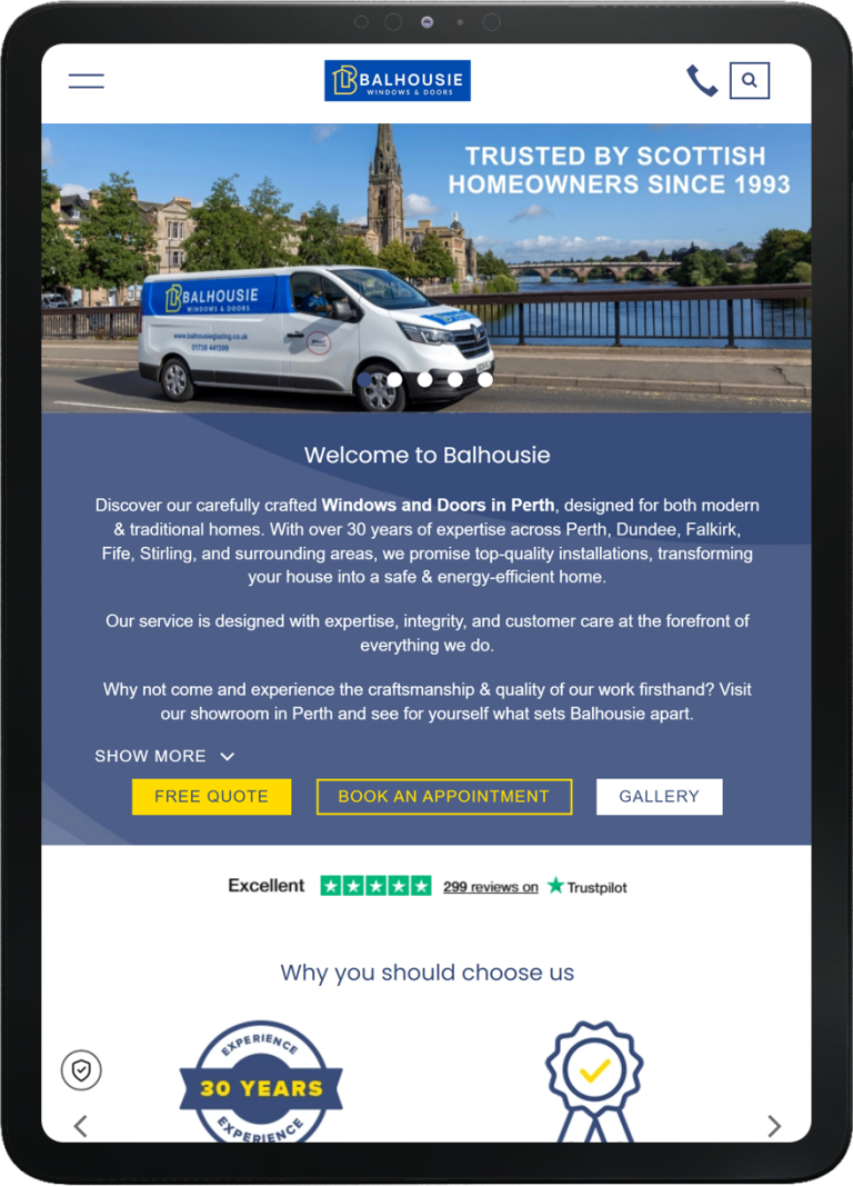 Tablet showing Balhousie Glazing website with a white van and a riverside town background, promoting windows and doors services based in Perth