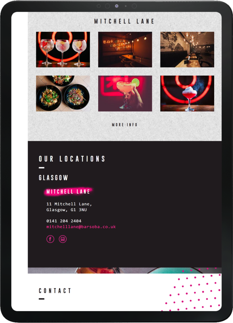 Tablet screen showing the Mitchell Lane location section of Bar Soba’s website, with contact details and photographs of drinks and interiors.