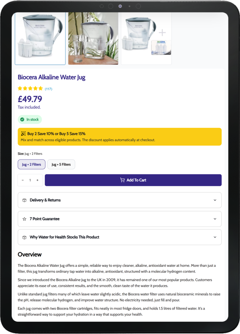 Tablet screen showing Biocera Alkaline Water Jug product page with images, price £49.79, product details and purchase options