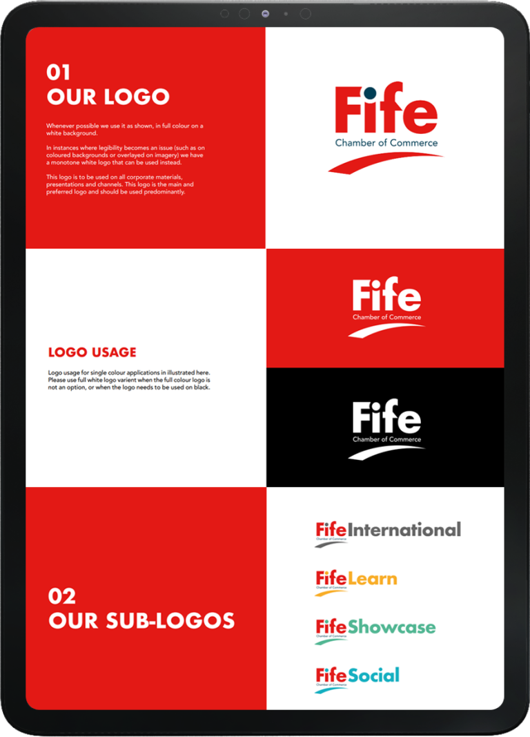 Tablet screen showing Fife Chamber of Commerce logo usage guidelines with full-colour and monochrome variants, plus sub-logos for International, Learn, Showcase and Social sections in different colours.