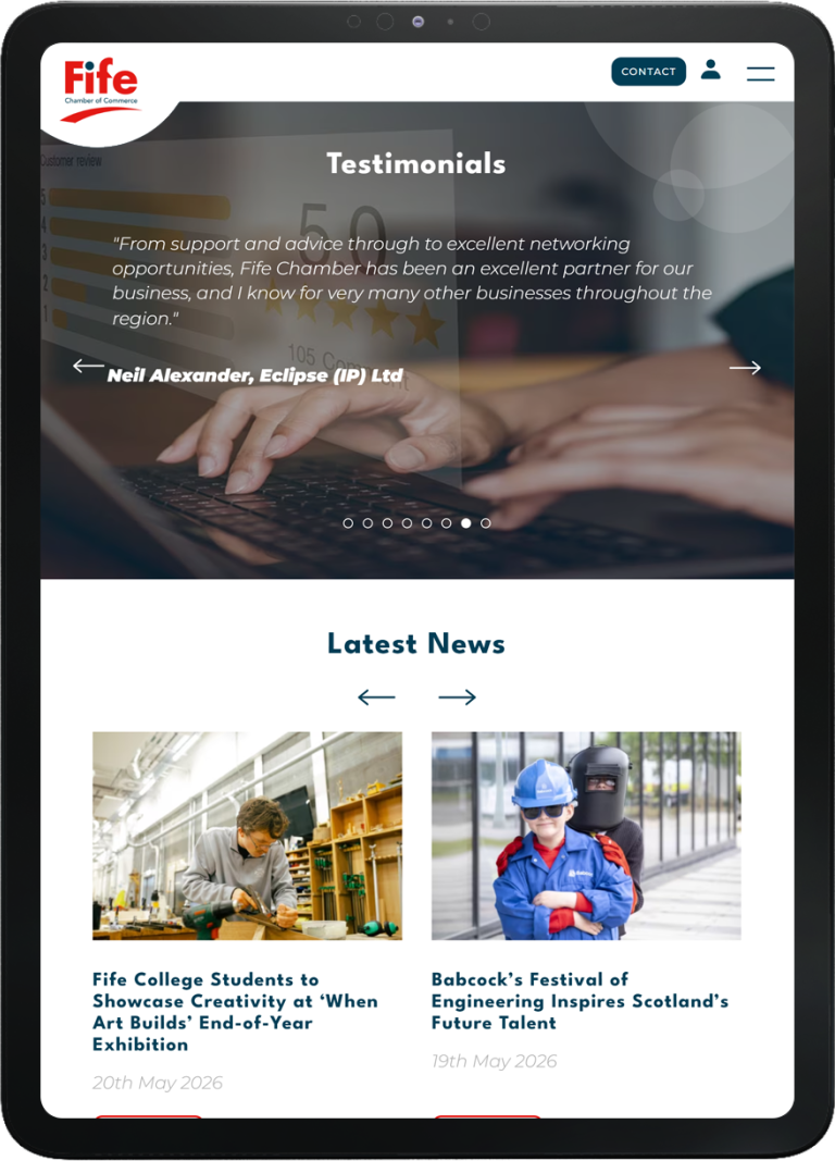 Tablet view of Fife Chamber of Commerce website showing testimonials with a keyboard background and latest news featuring students and engineering festival images