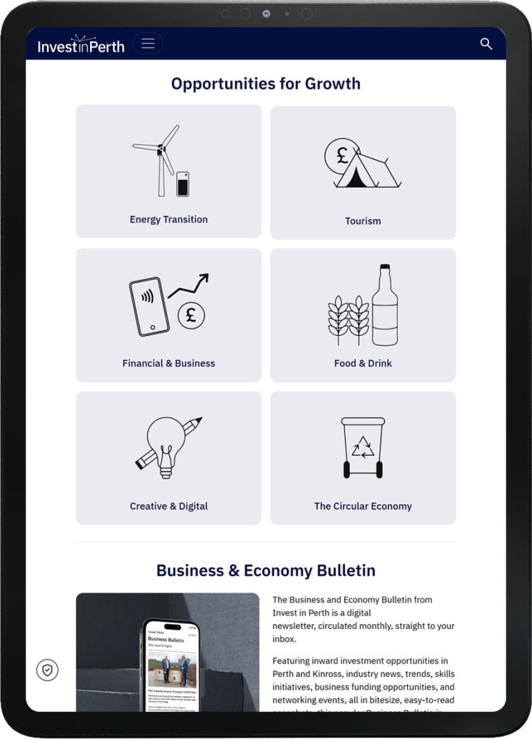 Tablet screen showing Invest in Perth website with icons and categories for Opportunities for Growth such as Energy Transition, Tourism, Financial & Business, Food & Drink, Creative & Digital, and The Circular Economy