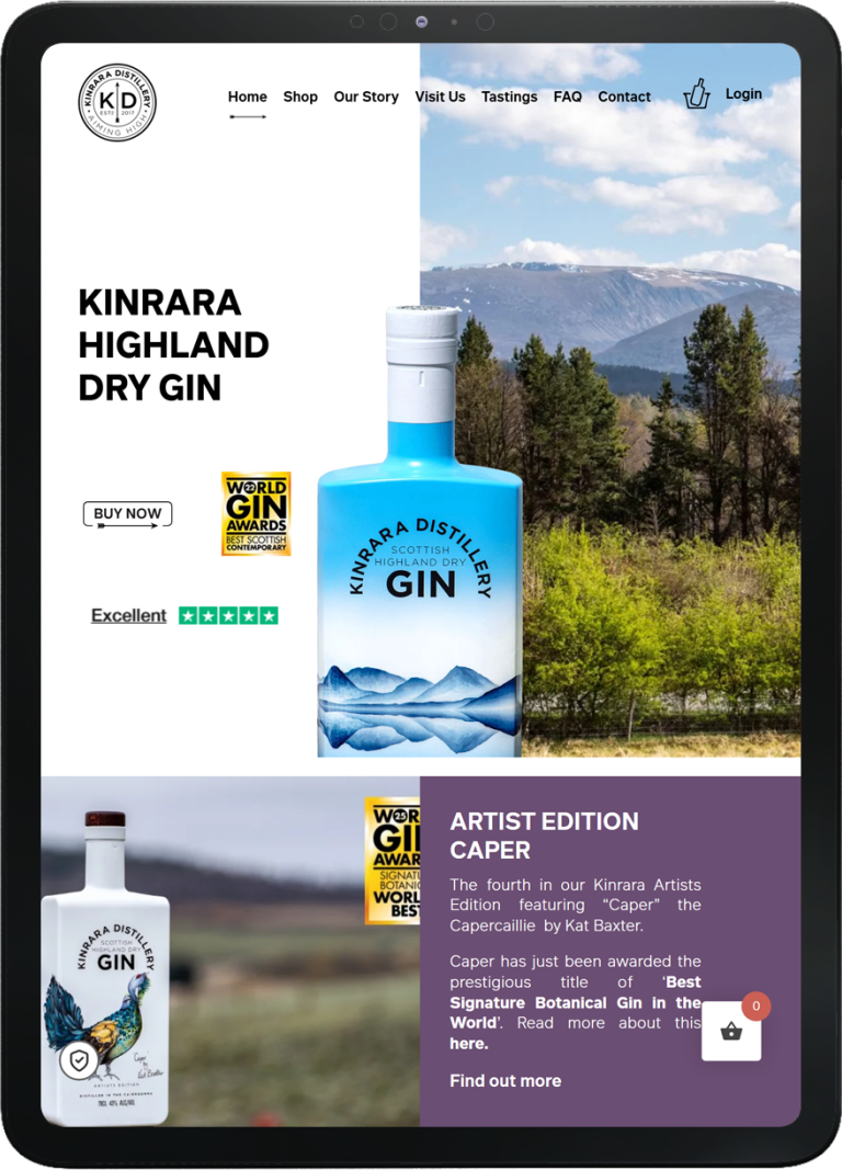 Tablet screen showing Kinrara Distillery website featuring Highland Dry Gin bottle with scenic mountain background and Artist Edition Caper gin promotion
