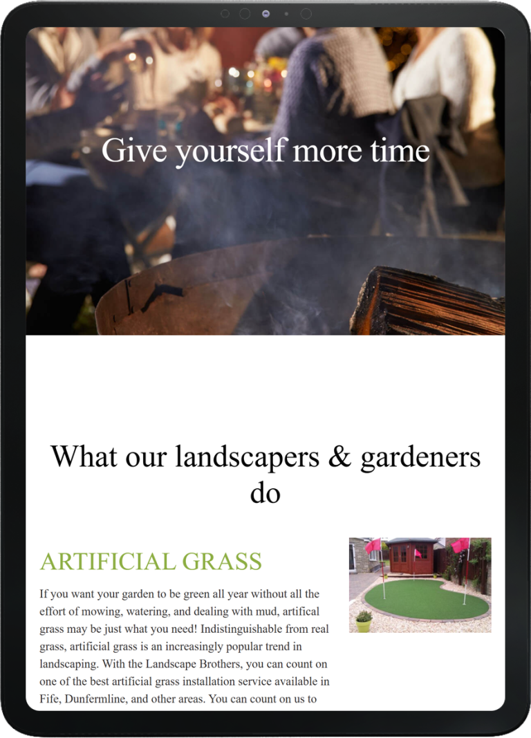 Tablet showing Landscape Brothers website with text about landscaper services and garden artificial grass putting green image
