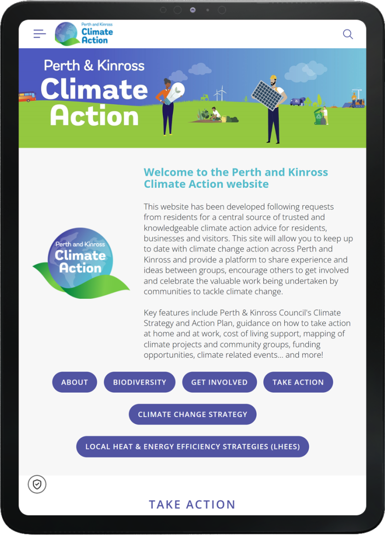 Tablet displaying the Perth and Kinross Climate Action website homepage with navigation for climate information and community involvement