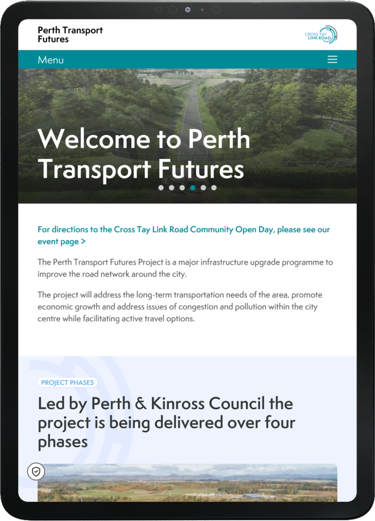 Tablet displaying the Perth Transport Futures website homepage, showing project introduction and navigation menu