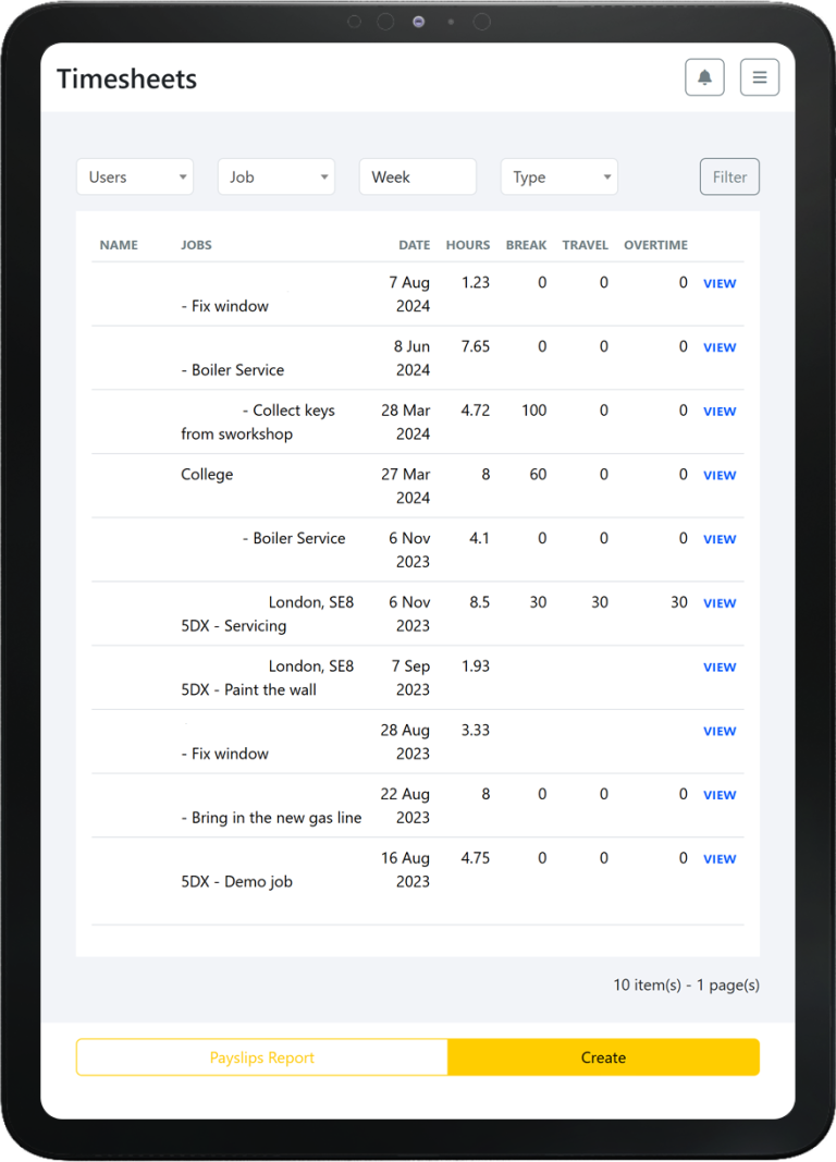Tablet screen showing RL Rattray bespoke work tracking system timesheets page with job details, dates, hours, breaks, travel and overtime columns.