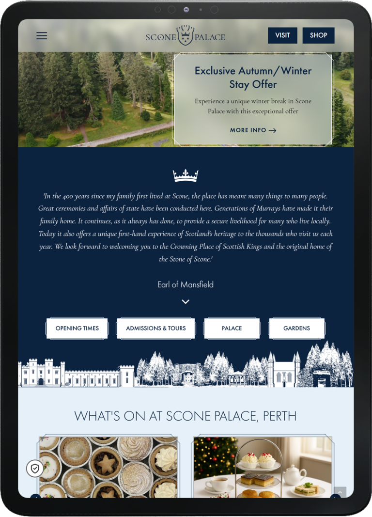 Tablet displaying the Scone Palace website homepage with autumn/winter stay offer, menu options, and promotion of events and tours