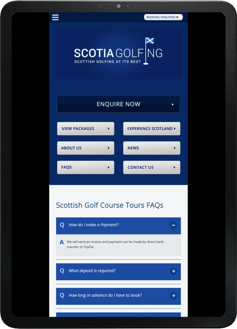 Tablet screen displaying Scotia Golfing website with navigation buttons and expanded FAQ section on payments and booking policies