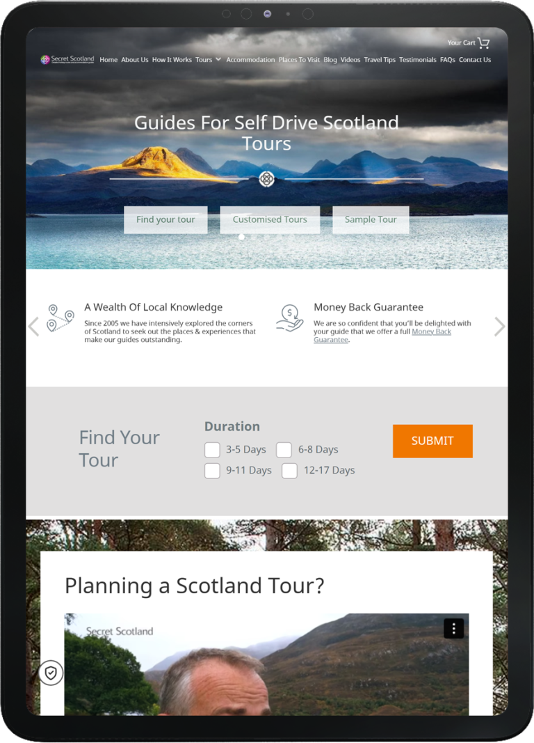 Tablet displaying Secret Scotland website homepage with guides for self-drive Scotland tours and options to find or customise tours