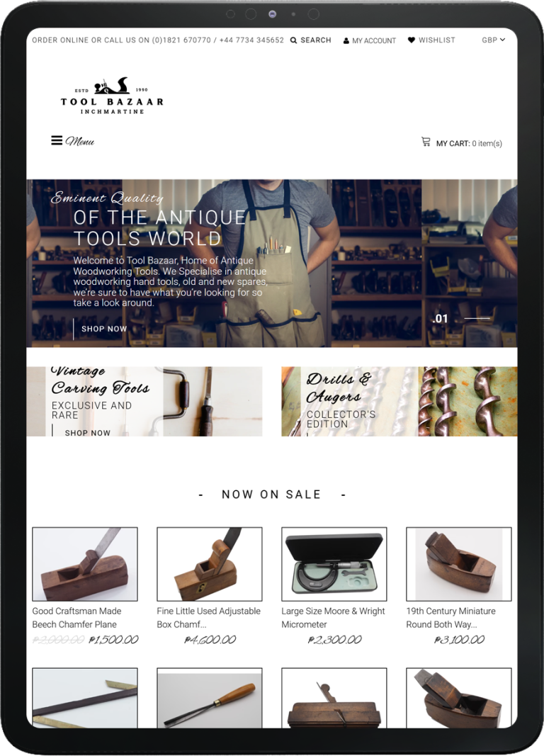 Tablet displaying Tool Bazaar Shopify eCommerce homepage with antique woodworking tools featured