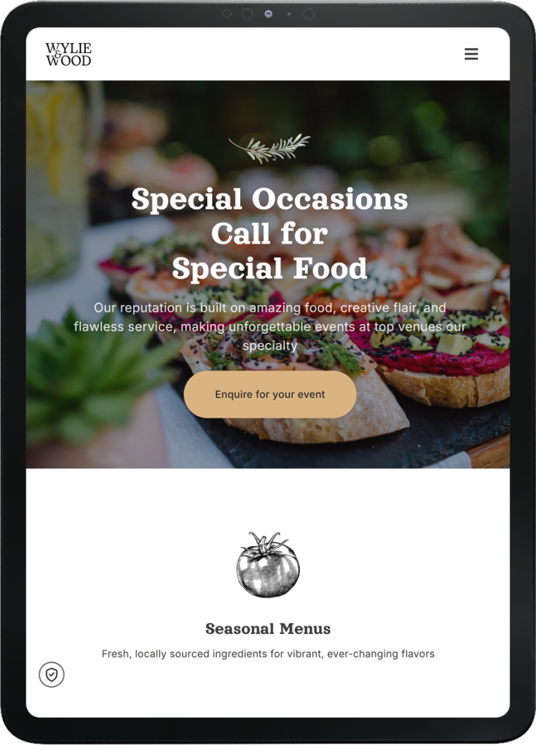 Tablet displaying Wylie & Wood website with special occasions catering offer, featuring colourful food and enquiry button